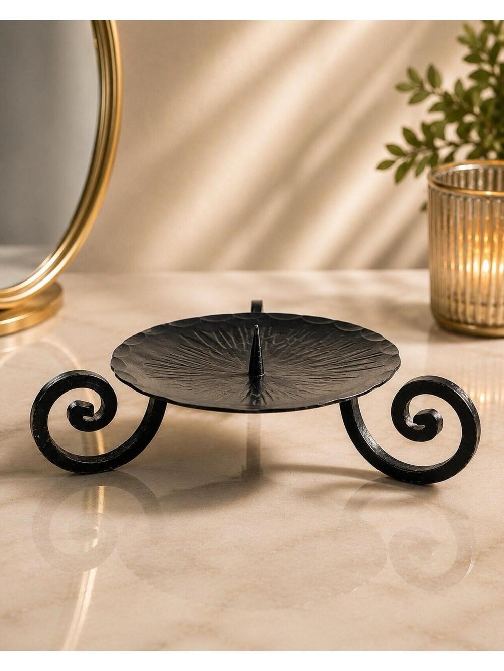 West Germany 1960s Wrought Iron Sunburst Taper Candleholder Scroll Legs, 5.5x3”